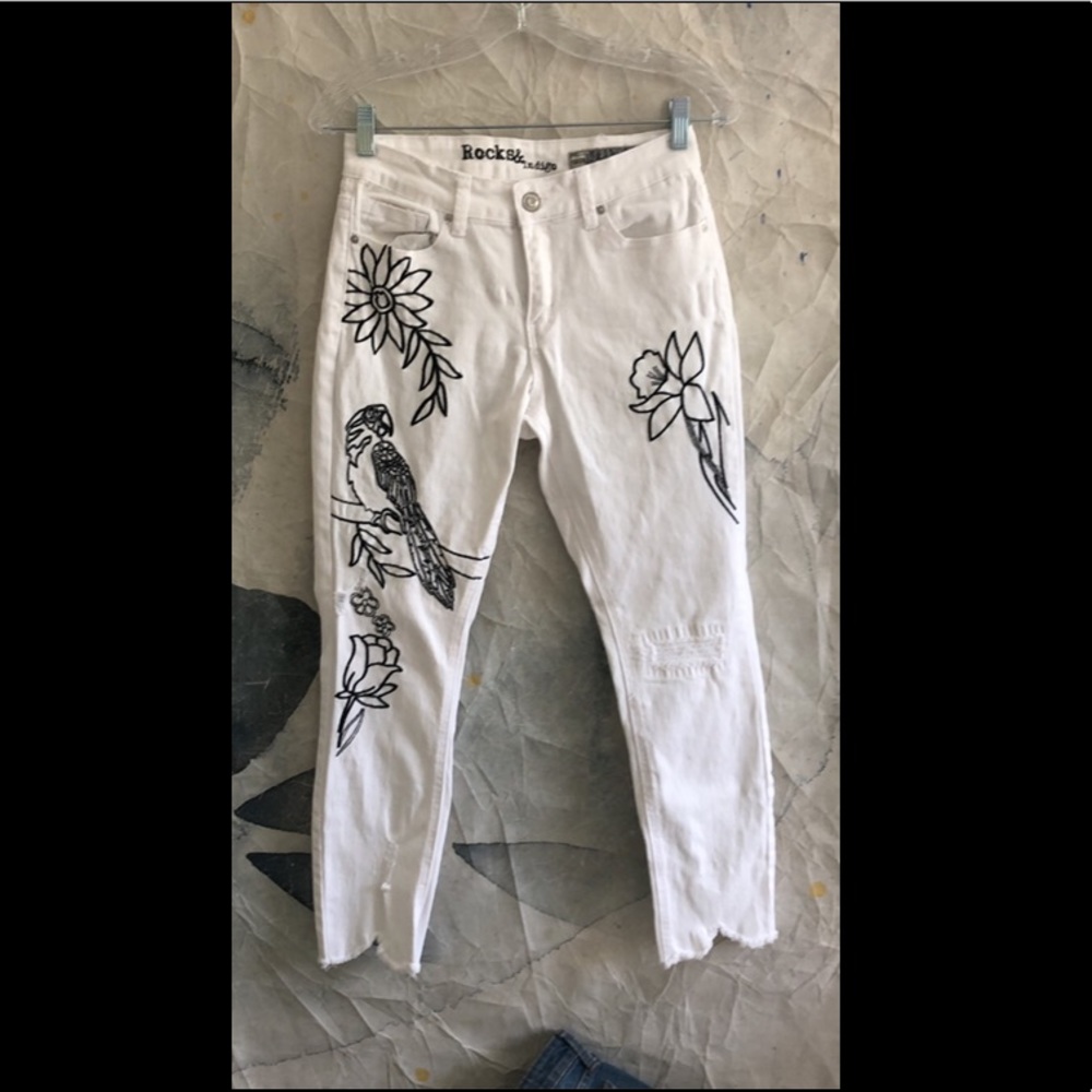 Rocks & Indigo Embroidered Distressed Denim Jeans